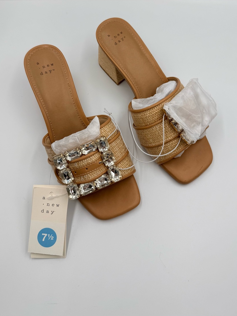 NWT A New Day Kathleen Raffia Buckle Block Heel Sandals Tan 7.5